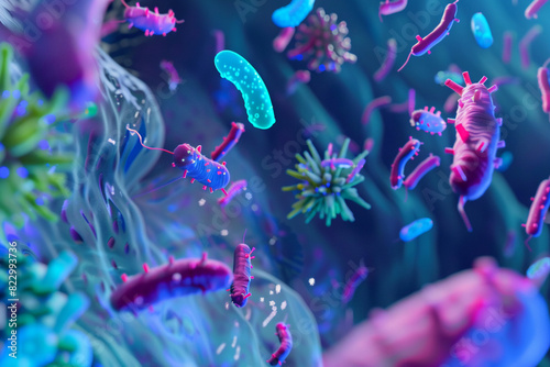 Imagine a sci-fi scenario where probiotics are the heroes battling harmful bacteria in the gut, super realistic