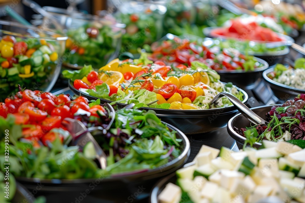 Assorted fresh salads displayed on buffet at catered event, perfect cuisine for celebration or party