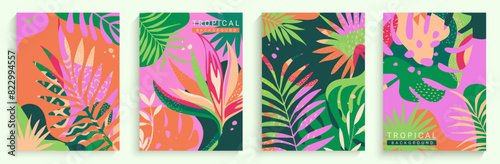 Tropical themed backgrounds.Summer bright banners,flyers, posters with tropical leaves.Palm, banana leaf, hibiscus, plumeria, split leaf, philodendron. Jungle collection for design.Template for print.