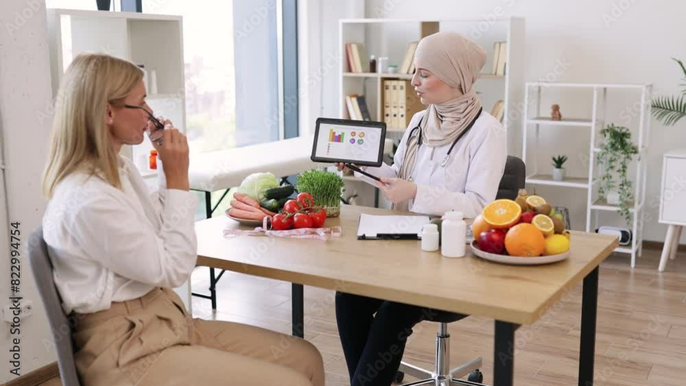 Muslim female doctor showing on tablet graphs of food for healthy eating. Mature lady patient visiting arabian woman nutritionist in hijab at modern clinic. Muslim female doctor showing on tablet graphs of food for healthy eating. Mature lady patient visiting arabian woman nutritionist in hijab at modern clinic.
