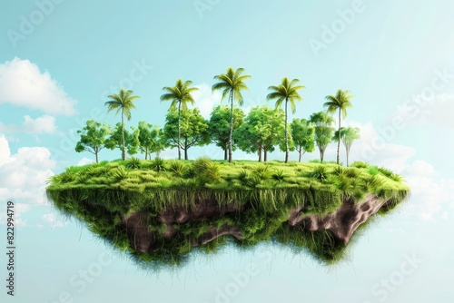 Travel and vacation background. 3d illustration with cut of the ground and the grass landscape. The trees on the island. eco design concept - generative ai