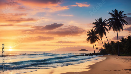  a beach with palm trees at sunset.