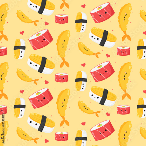 Cute sushi pattern with emoji kawaii food illustration background wrapping printable