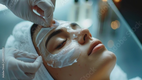 A cosmetologist applies a moisturizing sheet mask to a relaxed young woman in a spa salon.