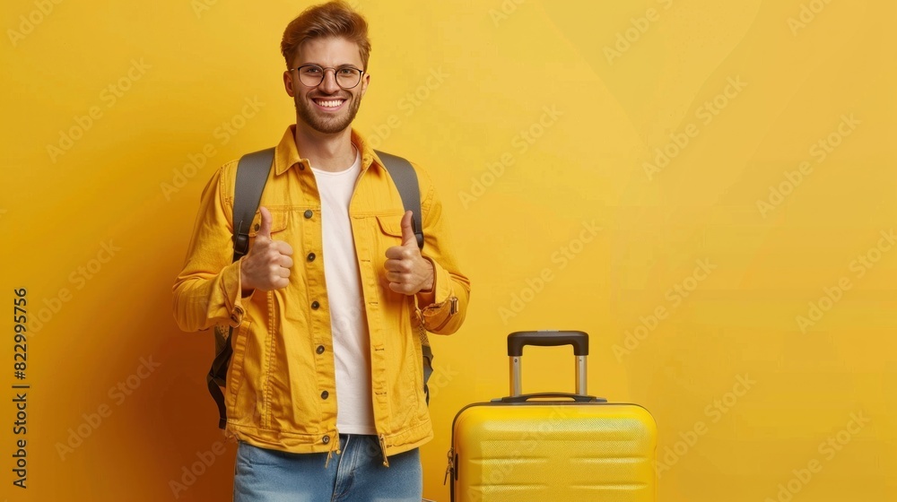 A happy, joyful man who loves to travel poses with a thumbs-up gesture, having purchased cheap flight tickets, and stands with his travel suitcase. A happy, joyful man who loves to travel poses with a thumbs-up gesture, having purchased cheap flight tickets, and stands with his travel suitcase.