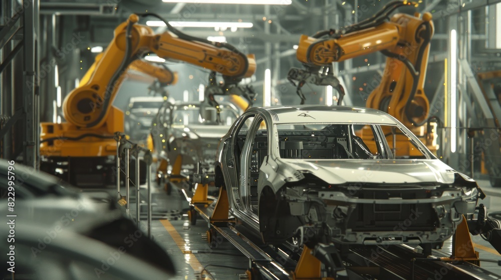 A robot is working in a car factory. A robot is working in a car factory.