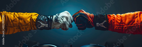 fist bump of two race car drivers gloved hands photo