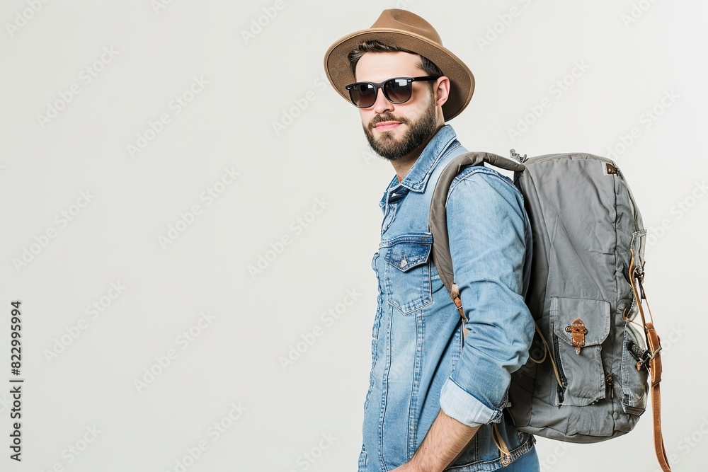 A man wearing a denim shirt, sunglasses, hat, and backpack stands against a white background. Generative AI A man wearing a denim shirt, sunglasses, hat, and backpack stands against a white background. Generative AI