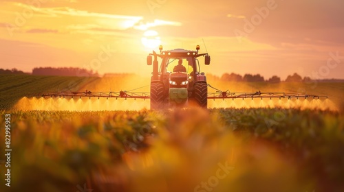 Obraz na płótnie Against the backdrop of a dramatic sunset, a modern tractor is seen actively spraying crops on a vast farm. w salonie