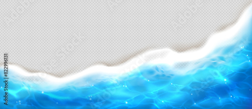 Beach sea wave top view. Ocean foam water texture. 3d realistic summer shore aerial banner. Tropical blue light reflection ripple border. Abstract caustic isolated bottom frame for coast party promo