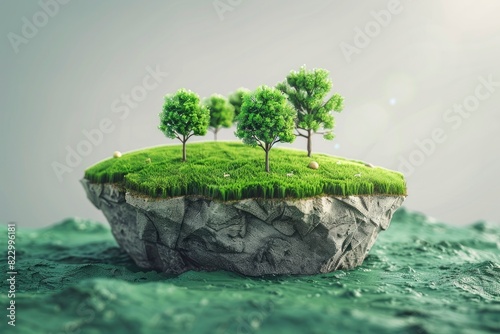 Travel and vacation background. 3d illustration with cut of the ground and the grass landscape. The trees on the island. eco design concept - generative ai