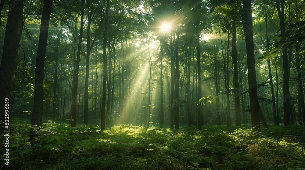Naklejka premium Lush green forest with tall trees and sunlight filtering through, copy space