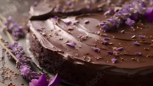 A chocolate torte adorned with dried lavender flowers served as a decadent dessert. photo
