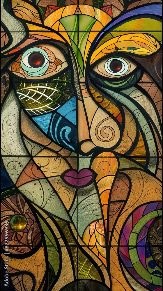 Modern stained glass artwork blending traditional motifs with contemporary design