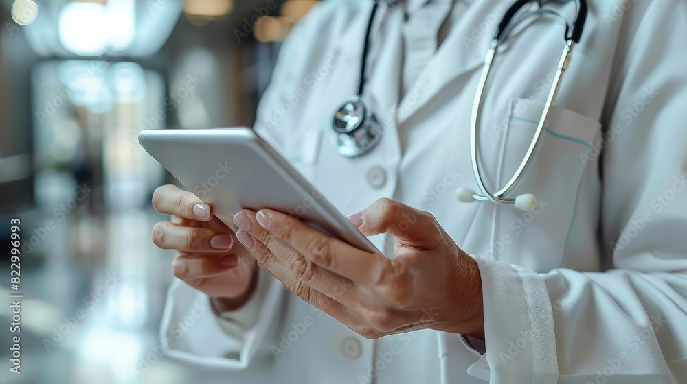 Doctor uses tablet and examines patient history Doctor uses tablet and examines patient history