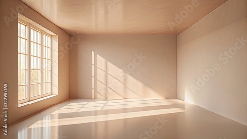 Empty Studio 3d exhibition background - pastel creamy pink beige stage with soft natural abstract diagonal window light and shadows.