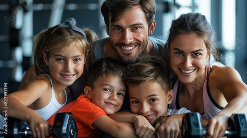 Sporty family posing happily with dumbbells in hand at the gym, instilling a healthy lifestyle and a love for fitness in their children, ensuring an upbringing filled with joyful, active pursuits. photo