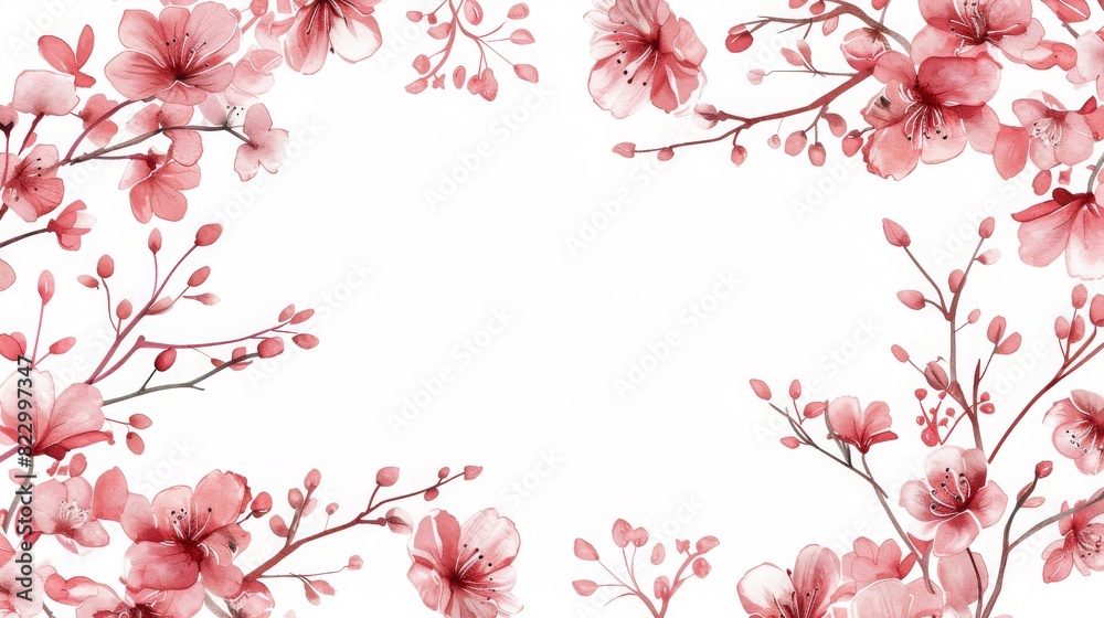 Naklejka premium Beautiful floral border with pink blossoms and delicate branches on a white background. Ideal for invitations, cards, and spring designs.