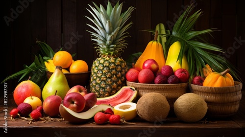 Tropical fruit variety display  pineapples  coconuts  mangoes on wooden table still life photography