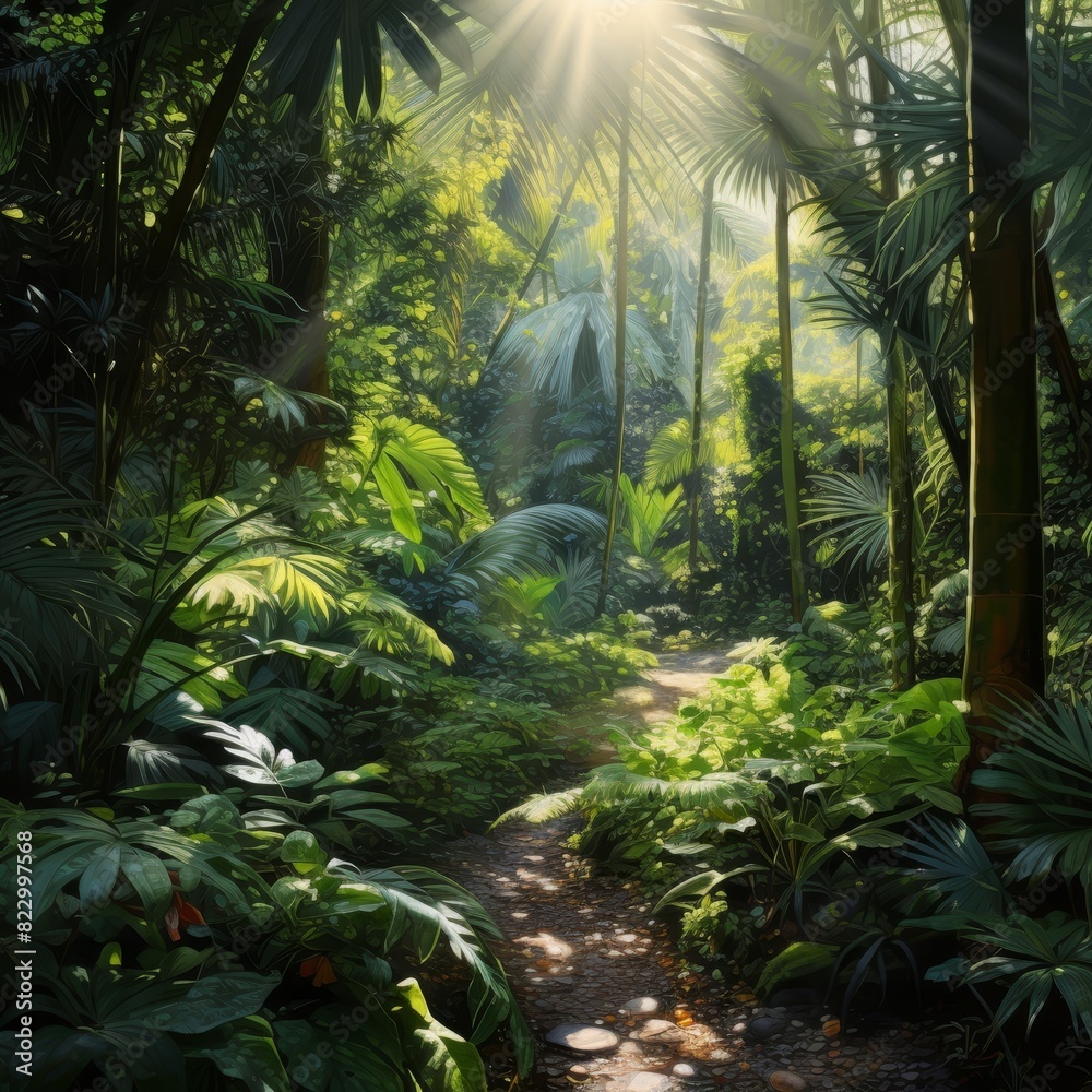 Tropical jungle. bright sunlight filtering through lush green foliage, casting dappled shadows