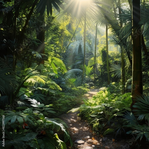 Tropical jungle. bright sunlight filtering through lush green foliage  casting dappled shadows