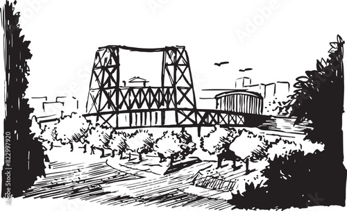 Tom McCall Waterfront Bridge ink sketch. American landmarks. Park landscape vector drawing. Isolated black and white illustration. 