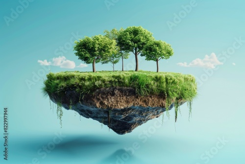 Travel and vacation background. 3d illustration with cut of the ground and the grass landscape. The trees on the island. eco design concept - generative ai