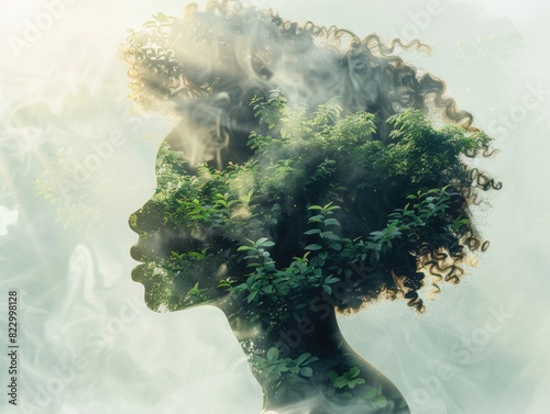 Double exposure of beautiful woman and blue forest