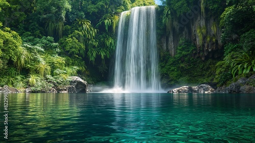 A 3D backdrop of a massive waterfall plunging into a crystal-clear lake surrounded by lush tropical vegetation. 32k  full ultra hd  high resolution