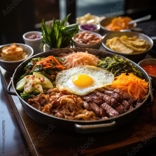 Delicious Korean bibimbap with beef, vegetables, and a sunny-side-up egg in a hot stone bowl with various side dishes, ready to be enjoyed.