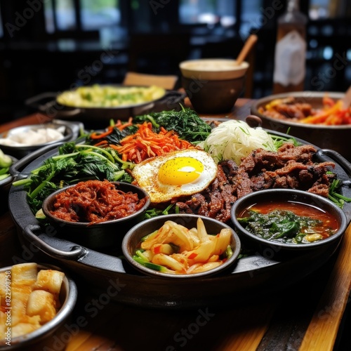 Vibrant Korean cuisine assortment including beef, vegetables, kimchi, and egg, beautifully presented on a wooden table in a restaurant.