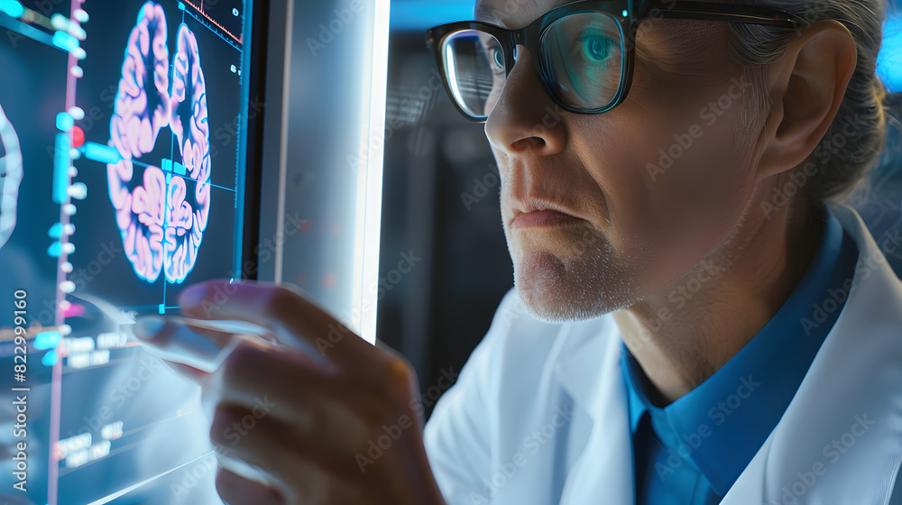 Scientist in glasses looking at screen with medical brain data Scientist in glasses looking at screen with medical brain data