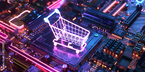  Neon-Infused Digital Shopping Cart on Technologic Background, A circuit board with a pink neon light with Digital Shopping Cart background 