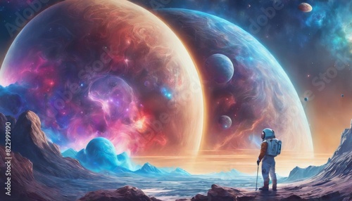 An astronaut stands on a foreign planet s surface  gazing at a colossal nebula and celestial bodies in the vivid sky above.. AI Generation