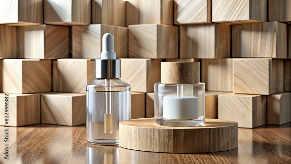 Glass cosmetic dropper bottle and cream jar mockup on wooden cubes Glass cosmetic dropper bottle and cream jar mockup on wooden cubes
