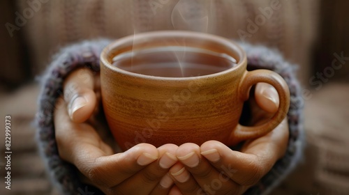 Close-up of Hands holding a steaming cup of herbal tea photo