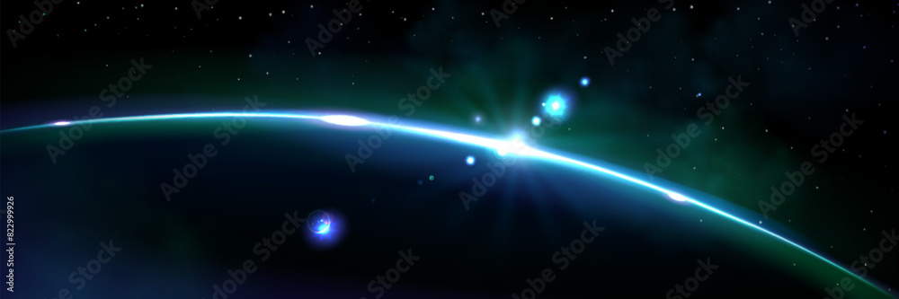 Planet horizon blue glow with rays and sparkle. Realistic 3d vector illustration of sunlight at dawn or dusk view from space. Fantasy universe sunrise or sunset light. Earth cosmos star rise.