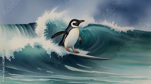 A penguin joyfully catching airtime on a wave cresting above a vast ocean