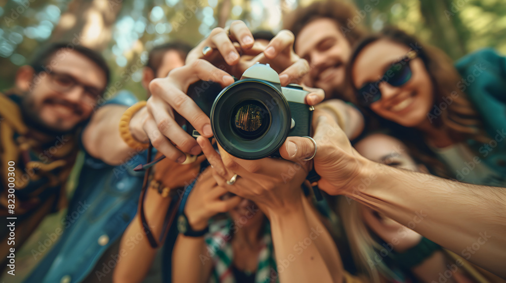 Close-up of Hands sharing a camera, taking a group photo Close-up of Hands sharing a camera, taking a group photo