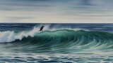 A penguin joyfully catching airtime on a wave cresting above a vast ocean