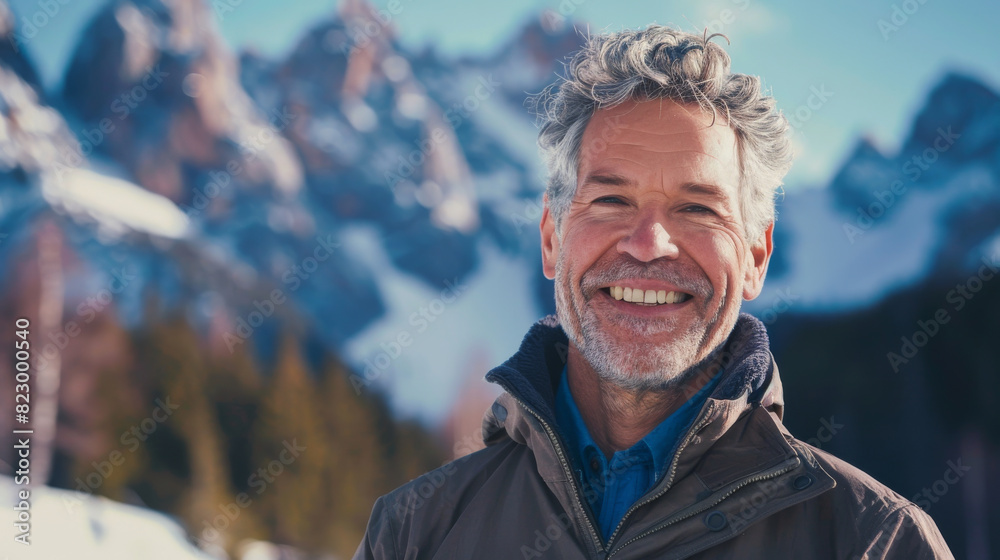 Portrait of a mature male in winter outdoor , happy man in scenic mountain and forest landscape Portrait of a mature male in winter outdoor , happy man in scenic mountain and forest landscape