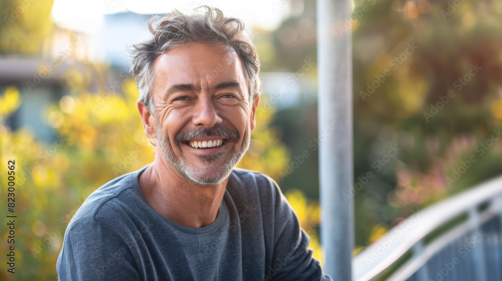 Portrait of a mature male enjoying outdoor city weather , happy man on his apartment terrace with return of fine days
