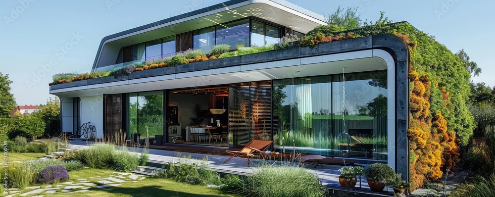 Image showcasing Solarpowered house, modern architecture, sustainable living, green ...