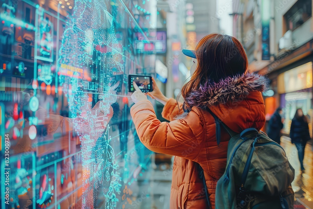 Tourist using AR guide, historical landmarks with digital information overlays, vibrant colors, urban setting, high resolution Tourist using AR guide, historical landmarks with digital information overlays, vibrant colors, urban setting, high resolution