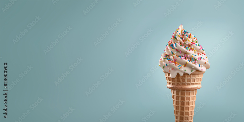 An ice cream cone with sprinkles isolated on a blue background, copy space An ice cream cone with sprinkles isolated on a blue background, copy space