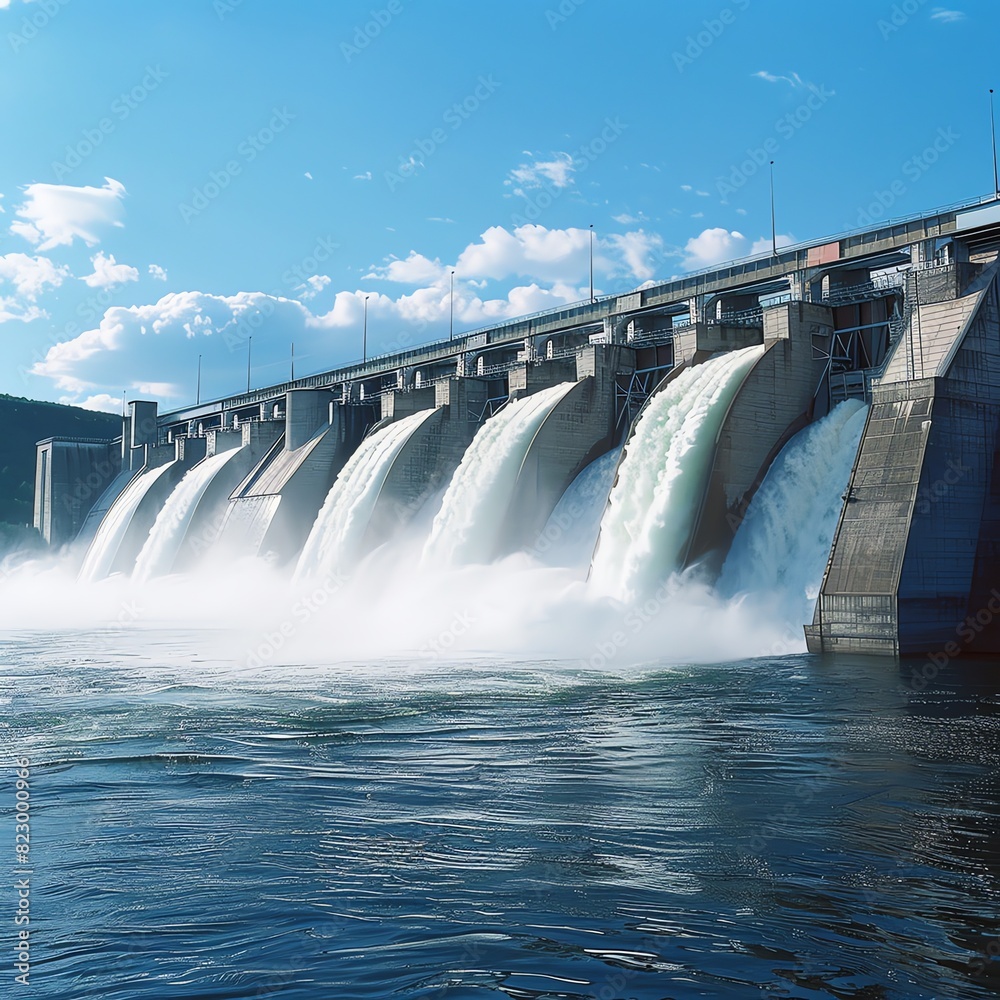 A majestic image of a large hydroelectric dam during peak operation, water cascading down its spillways, showcasing the power and scale of renewable energy sources, ideal for environmental and enginee