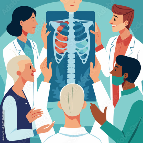 A team of doctors and nurses are helping each other look at the patient's X-ray.
