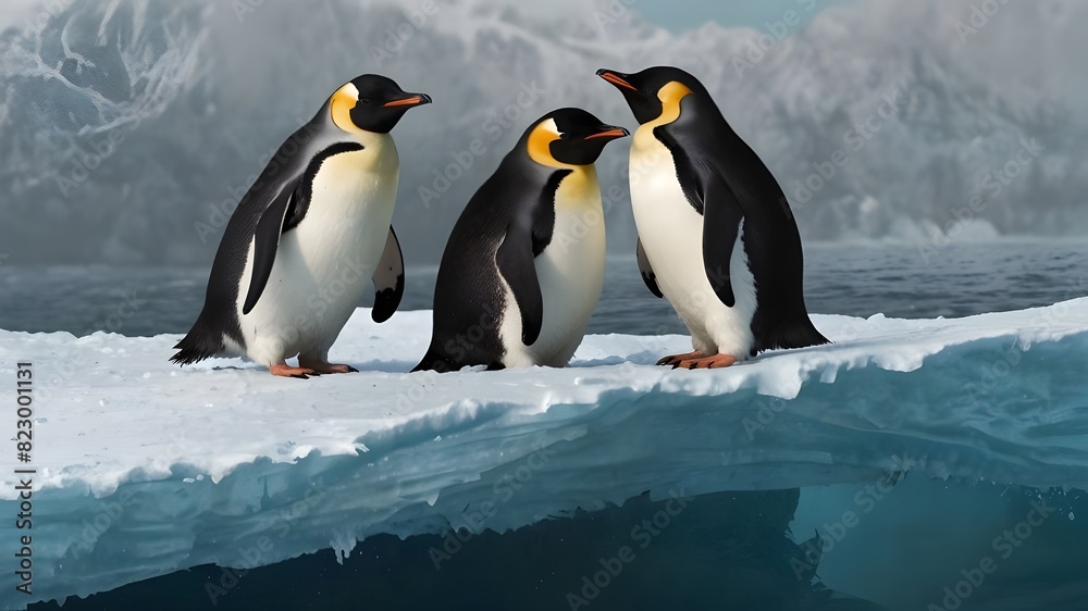 Obraz premium A group of penguins huddled together on an iceberg, one bravely surfing a smaller wave