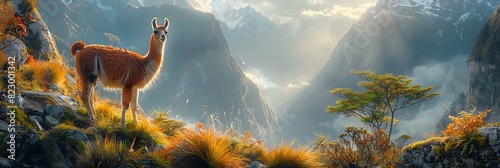 Amidst ancient ruins of Machu Picchu curious llama named Paco grazes lush grasses that carpet the terraced mountainside his gentle demeanor a stark contrast to the rugged landscape that surrounds him photo