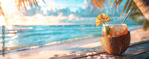 Cocktail in a coconut with straws and decor on the table, in three-quarter, the blue ocean in background and a palm tree in the side, realistic, 8k,shapen image photo